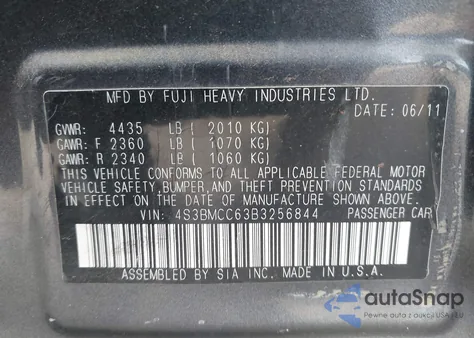 2011 Subaru Legacy 2.5I Premium из США, поврежденный, VIN 4S3BMCC63B3256844